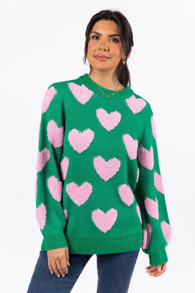 I'll Be There Green Fuzzy Heart Sweater | Pink Lily