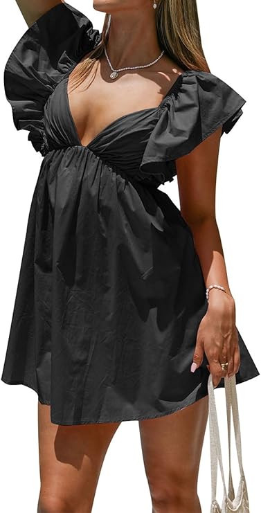 Womens Spring Summer V Neck Knot Back Causal Strap Short Flowy Swing Mini Dress | Amazon (US)