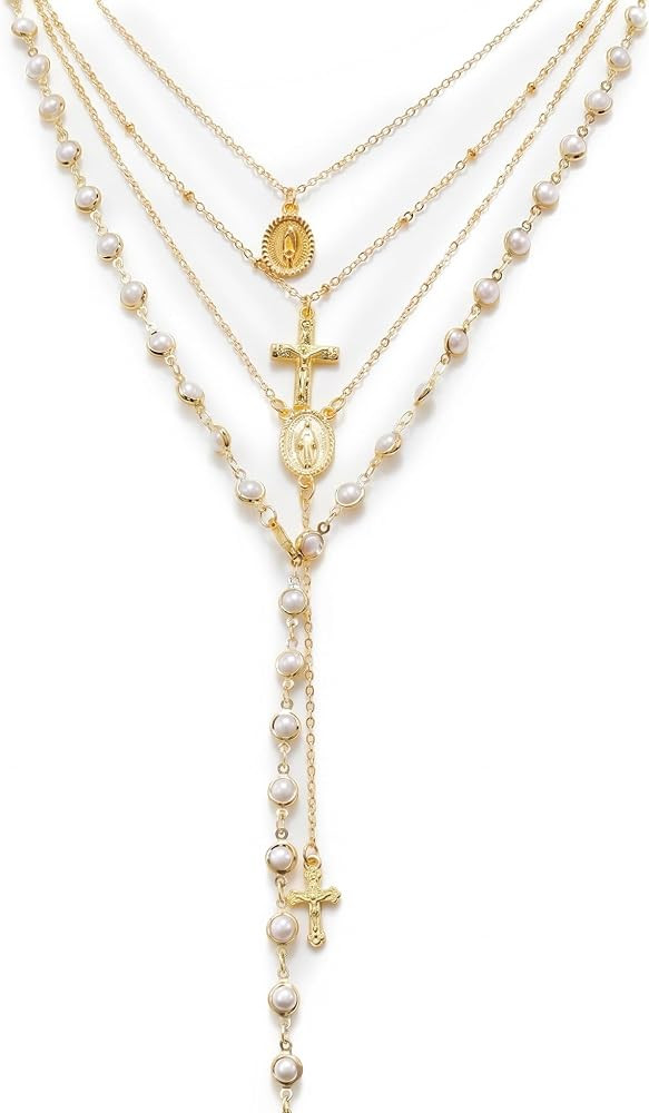 Y2K Gold-Tone Faux Pearl Cross Necklace Stack for Women | Amazon (US)