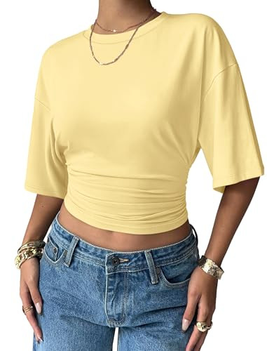 Sampeel Crop Summer Tops 2026 Trendy Batwing Short Sleeve Ruched Waist Slim Fitted Basic Tees Goi... | Amazon (US)