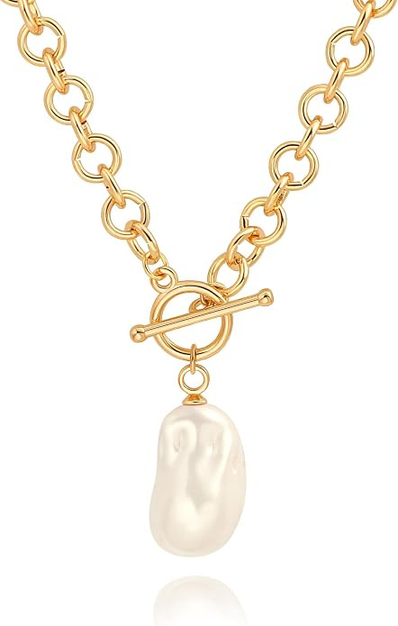 18k Gold Chain Link Necklace for Women, Baroque Pearl/Compass Pendant Necklace | Amazon (US)