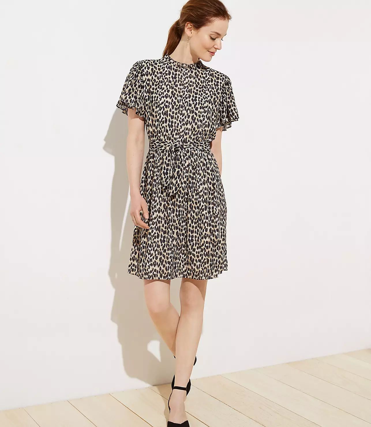 Leopard Print Tie Waist Flutter Dress | LOFT