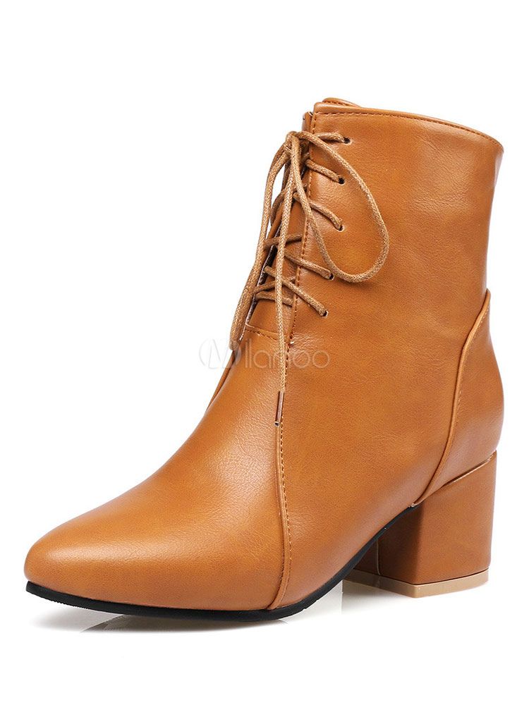 Brown Ankle Boots Lace Up Booties Pointed Toe Spring Booties For Women | Milanoo