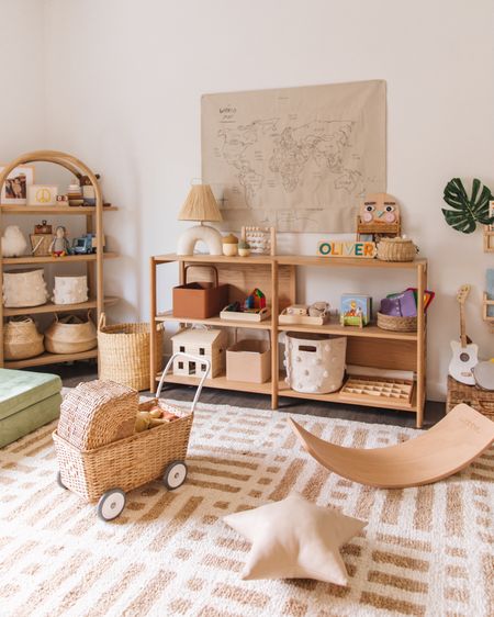 Neutral Toddler room - wooden toys - storage bins - wooden puzzles - balance board - baskets

#LTKkids #LTKhome