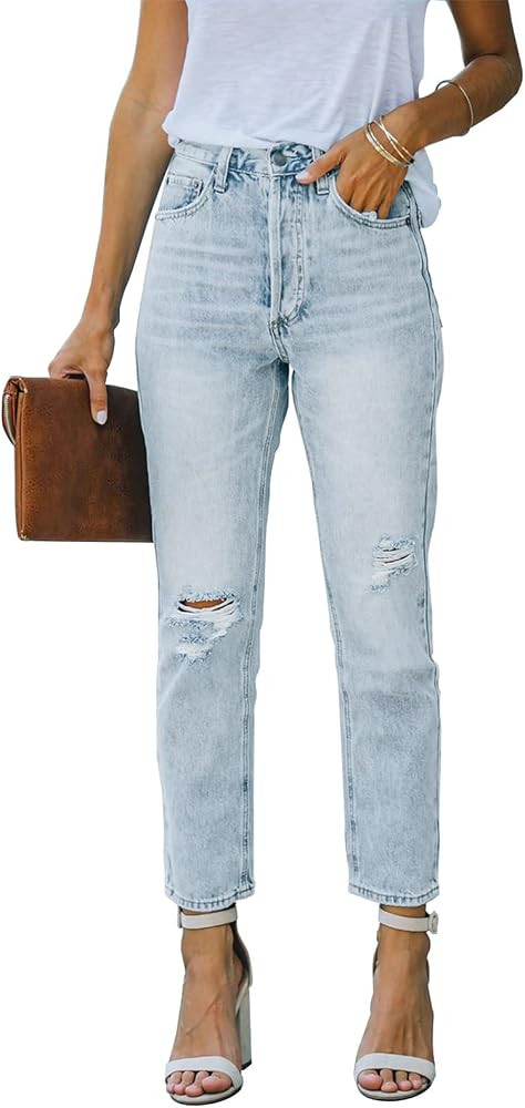 Metietila Women's Ripped High Waisted Jeans Distressed Stretch Straight Jean Denim Pants | Amazon (US)