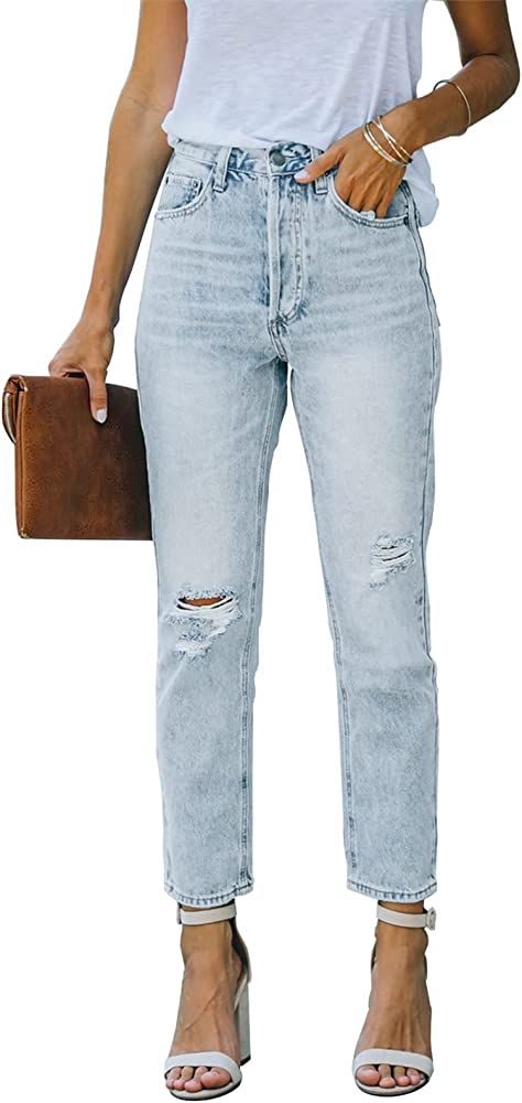 Metietila Women's Ripped High Waisted Jeans Distressed Stretch Straight Jean Denim Pants | Amazon (US)