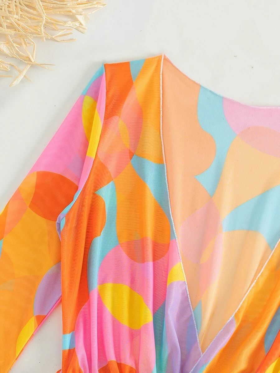 Allover Print Bikini Set Halter Triangle Bra & Bikini & Long Sleeve Cover Up Romper 3 Piece Swims... | SHEIN