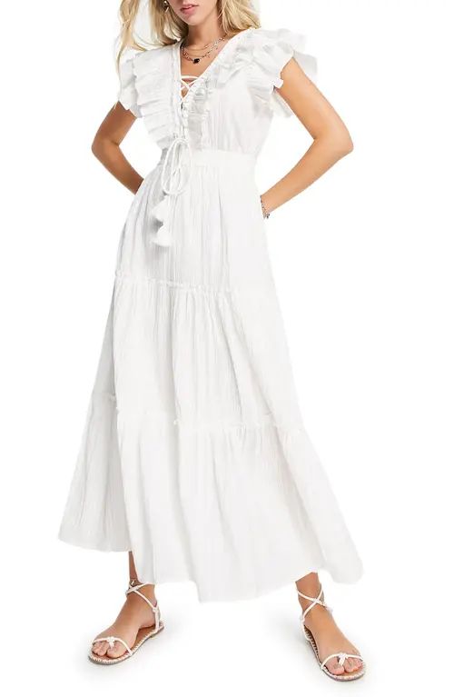 Topshop Ruffle Cotton Seersucker Maxi Dress in Ivory at Nordstrom, Size 8 Us | Nordstrom
