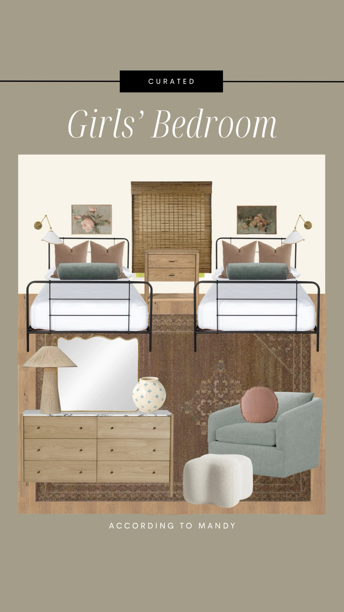 Curated Girls’ Bedroom // Girl bedroom inspiration!

brown bedroom, kids room, kids room inspiration, modern bedroom, modern kids room, contemporary modern kids room, blue accent chair, mirror, lamp, woven lamp, neutral girls room, iron twin bed, roman shade, etsy art, sconce, lulu & georgia, unique girls room, mood board, girls bedroom design, girls bedroom moodboard

#LTKstyletip #LTKhome