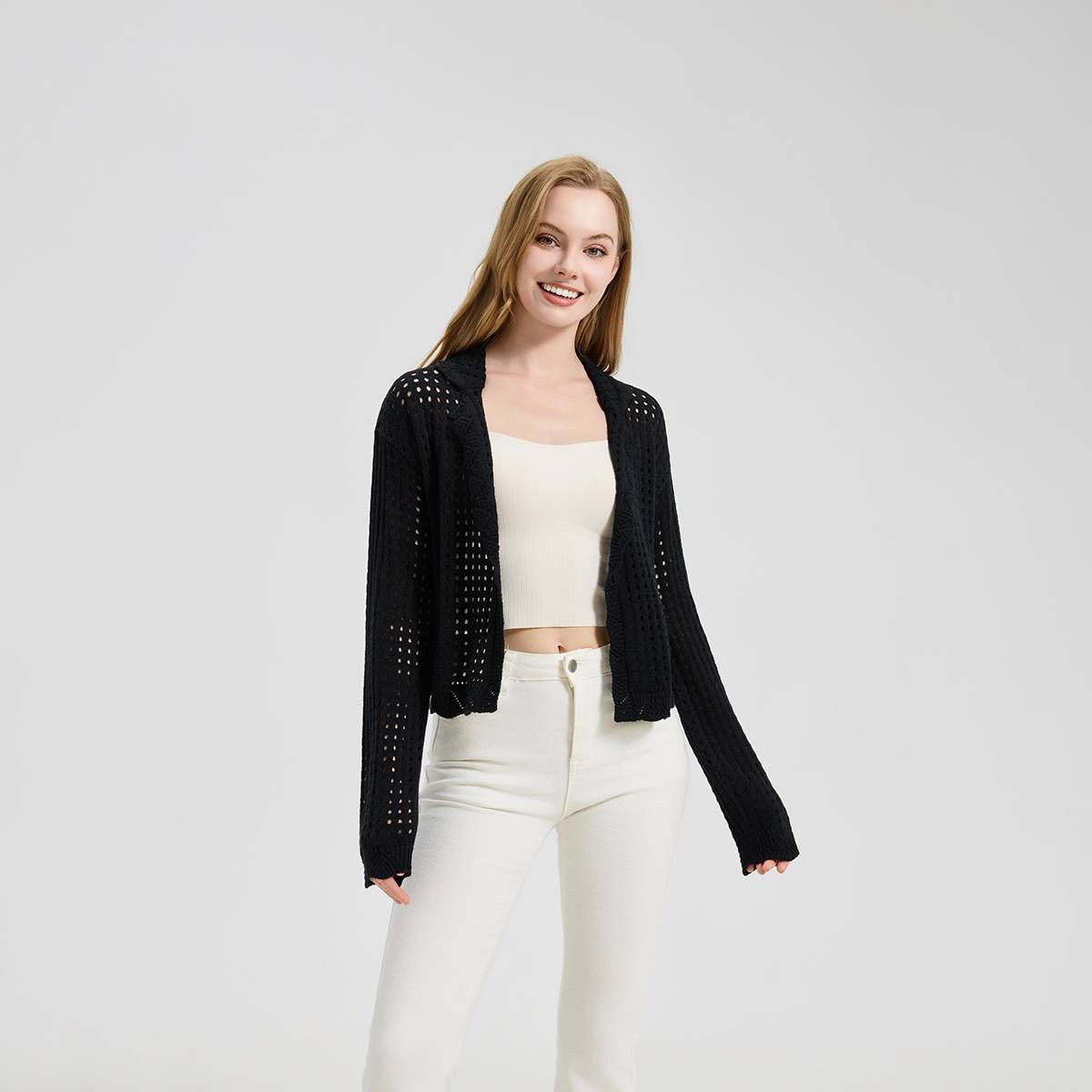 Women's Open Stitch Pointelle Cardigan Sweater - Universal Thread™ Black M | Target