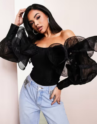 ASOS LUXE lace bodysuit with wire bardot in black | ASOS (Global)