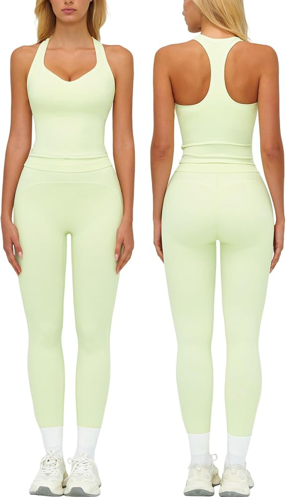 Womens Workout Set Two Piece Racerback Color Block Tank Top High Waist Leggings Gym Pilates Outfi... | Amazon (US)