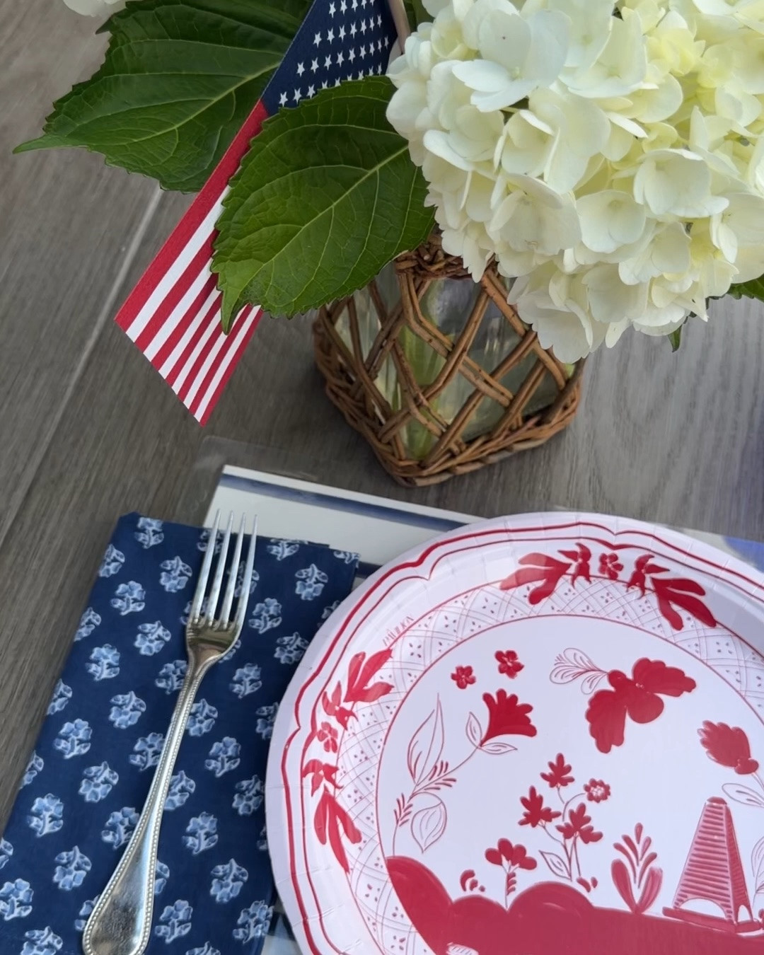 Thinking about Labor Day entertaining plans? These paper plates from @Pavilion Paper are beautiful and make clean up a breeze! For a simple centerpiece just grab a bunch of hydrangeas and put a few American flags in the arrangement and you’re done. Love these laminated paper placemats and blue black print napkins from Amazon. ￼