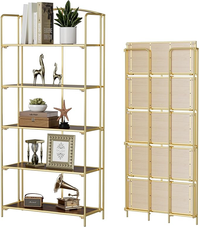 Crofy No Assembly Folding Bookshelf for Living Room, 5 Tier Gold Collapsible Book Shelf for Home ... | Amazon (US)