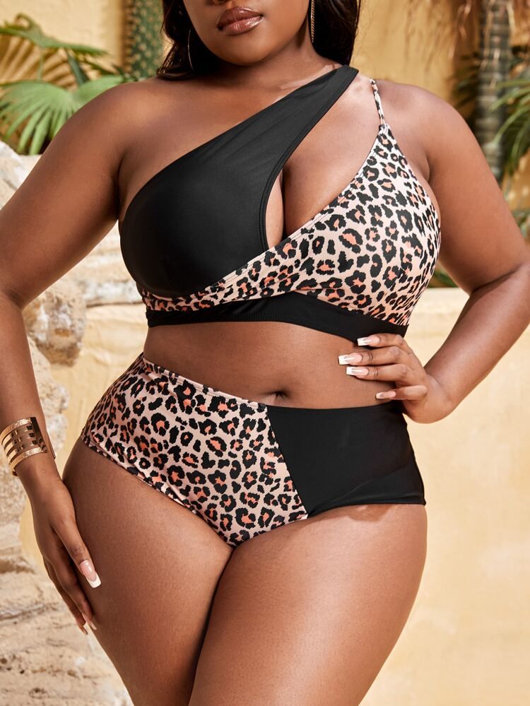 New
     
      Plus Leopard Cut Out One Shoulder High Waist Bikini Swimsuit | SHEIN