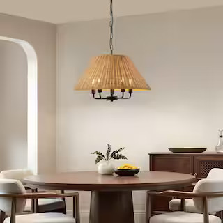 GoYeel 5-Light Matte Black Boho Farmhouse Drum Natural Woven Rattan Shade Pendant Light PL21305BK... | The Home Depot