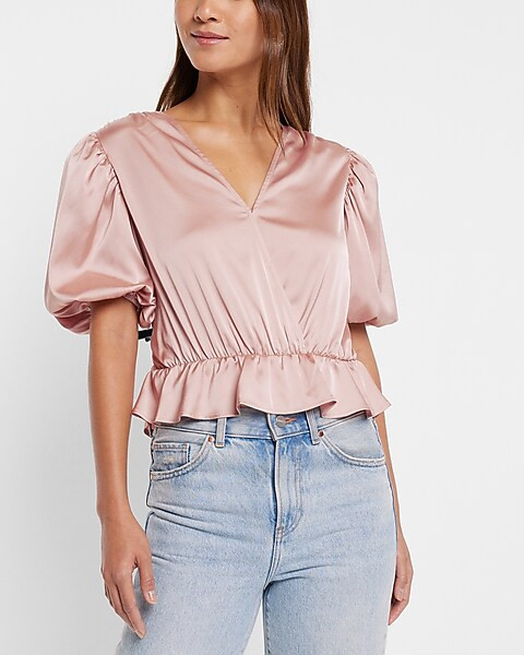 Satin Faux Wrap Peplum Thong Bodysuit | Express