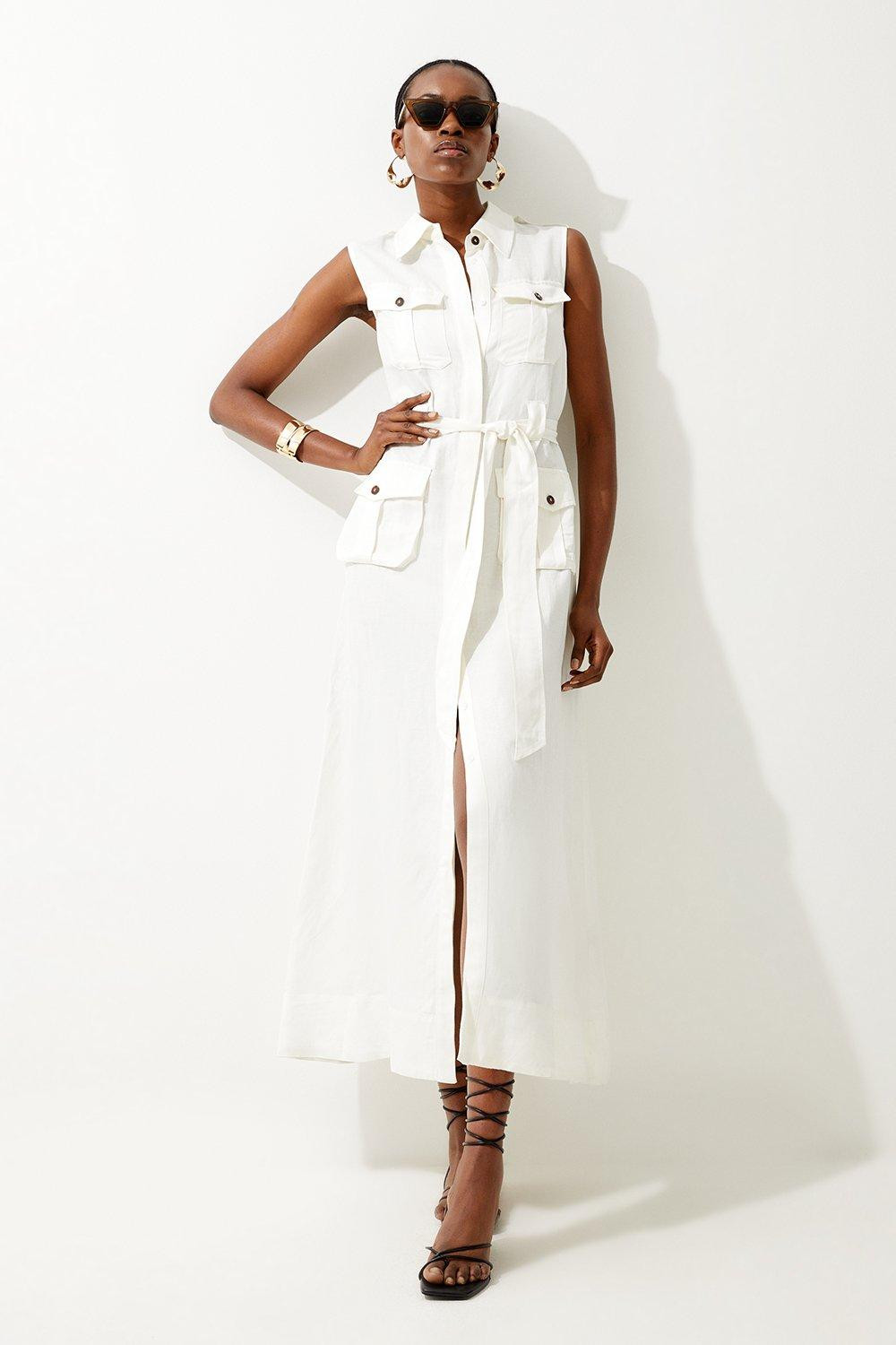 Viscose Linen Sleeveless Woven Maxi Shirt Dress | Karen Millen US