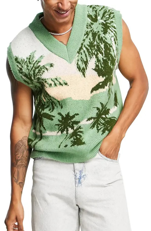 Topman Palm Tree V-Neck Sweater Vest in Green at Nordstrom, Size Xx-Large | Nordstrom