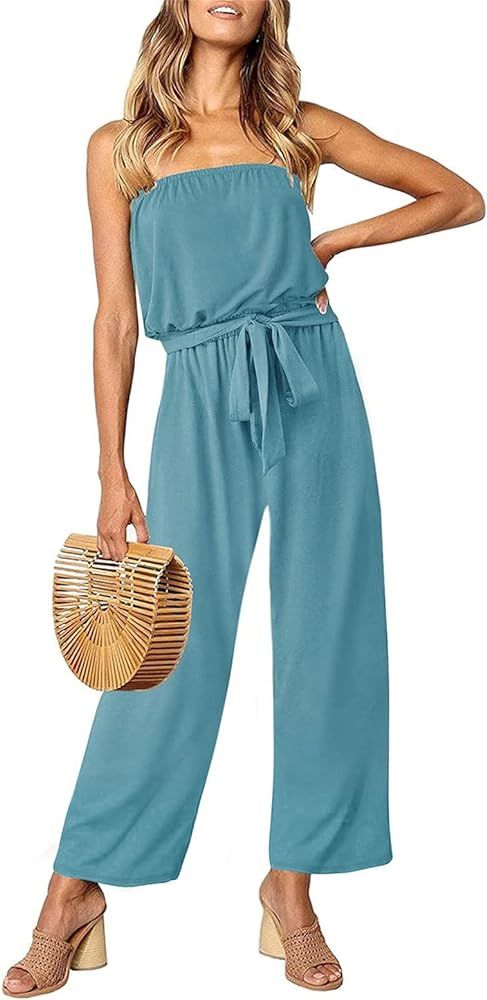 ZESICA Women's Casual Off Shoulder Solid Color Strapless Belted Wide Leg Jumpsuit Romper | Amazon (US)