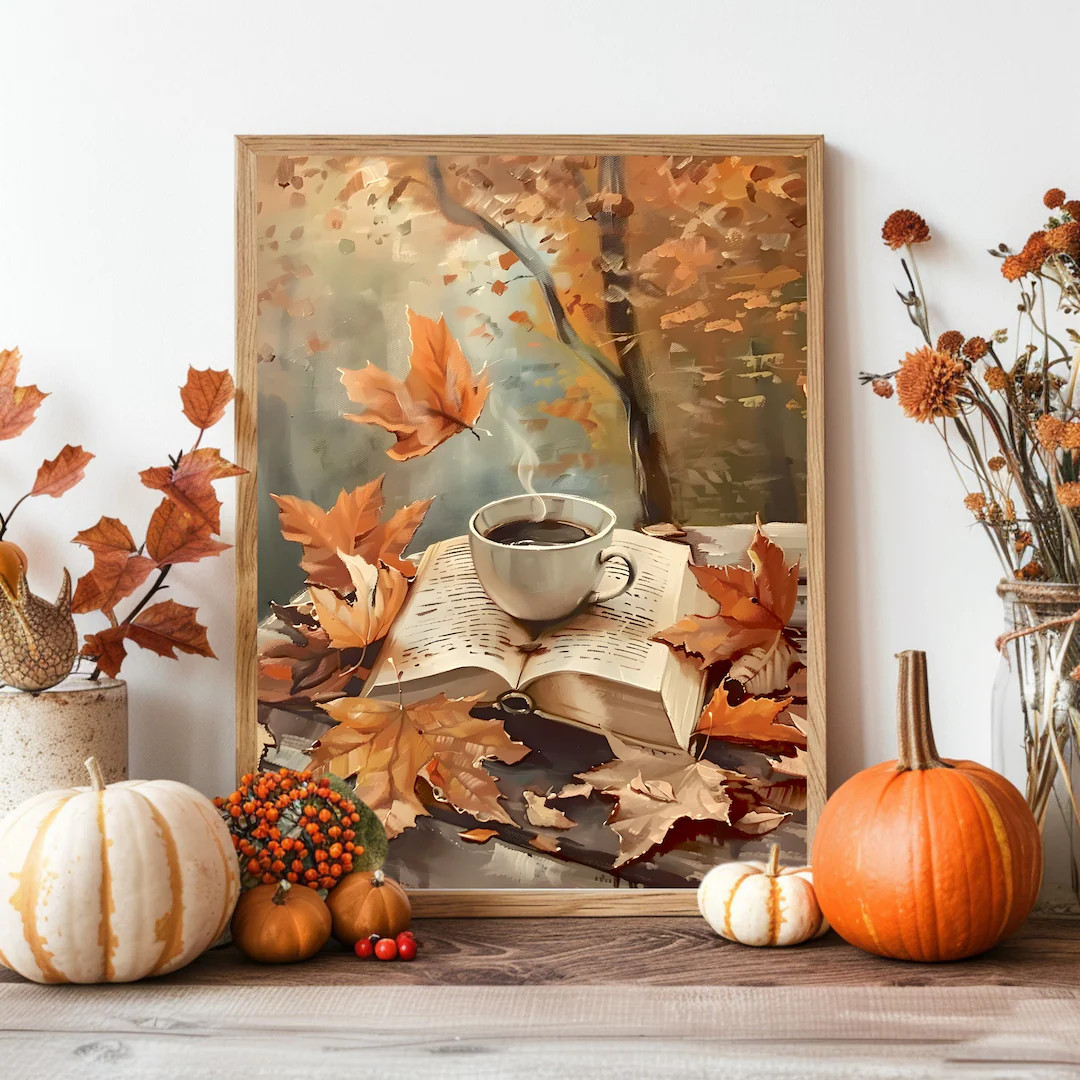 Fall Coffee Printable Wall Art, Moody Coffee Cup and Book Art Print, Bookish Oil Painting, Cozy A... | Etsy (US)
