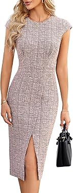 JASAMBAC Womens Work Pencil Dresses Vintage Tweed Slim Dress Cap Sleeve Crew Neck Office Bodycon ... | Amazon (US)