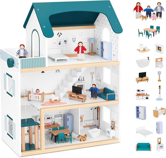 OOOK Wooden Dollhouse with Liftable Elevator - 2.6 Feet High Modern Doll House for Kids Toddlers ... | Amazon (US)