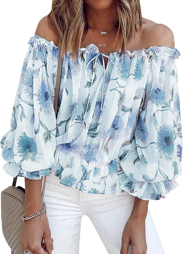 BLENCOT Summer Off The Shoulder Tops for Women Boho Floral Print Ruffle Sleeve Blouses | Amazon (US)