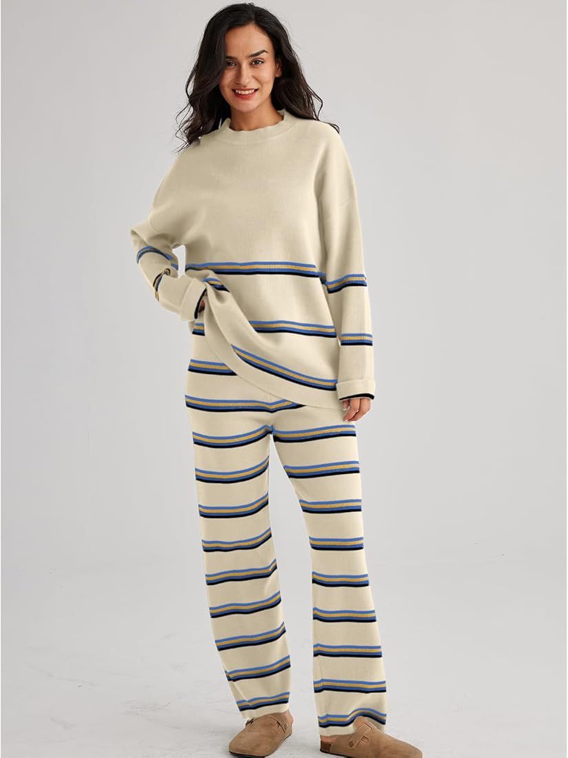 2 Piece Outfits for Women 2023 Oversized Fall Lounge Sets Striped Sweaters Cozy Knit Long Sleeve Pul | Amazon (US)