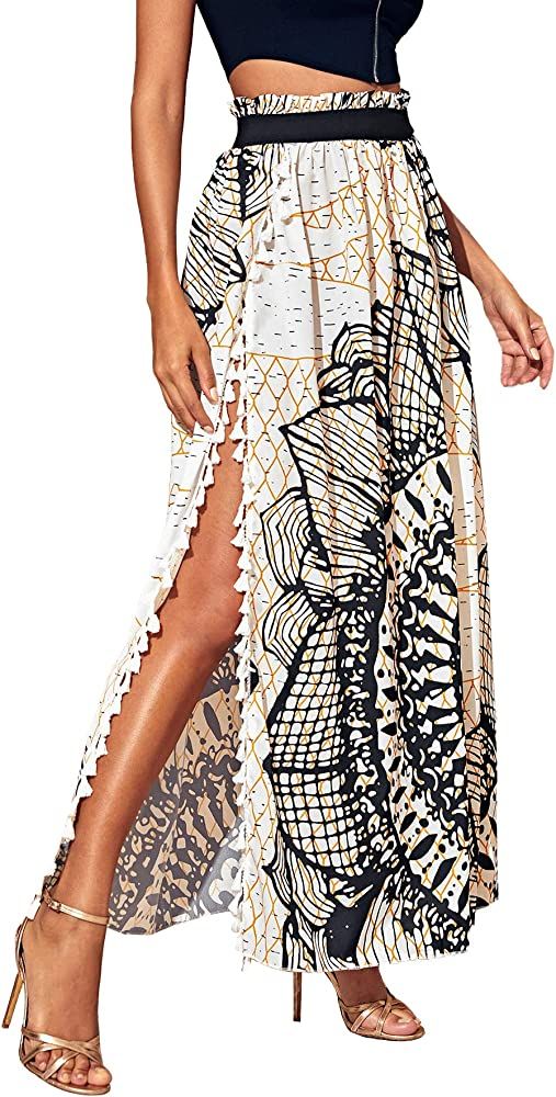 SheIn Women's Summer Boho Floral Print Fringe Split Thigh Full Length Maxi Skirt | Amazon (US)
