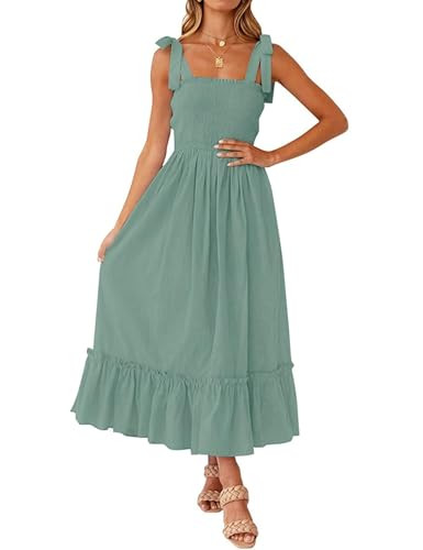 Tobrief Green Dresses for Women,Summmer Sleeveless Adjustable Strap Smocked Ruffle Beach Maxi Dress M | Amazon (US)