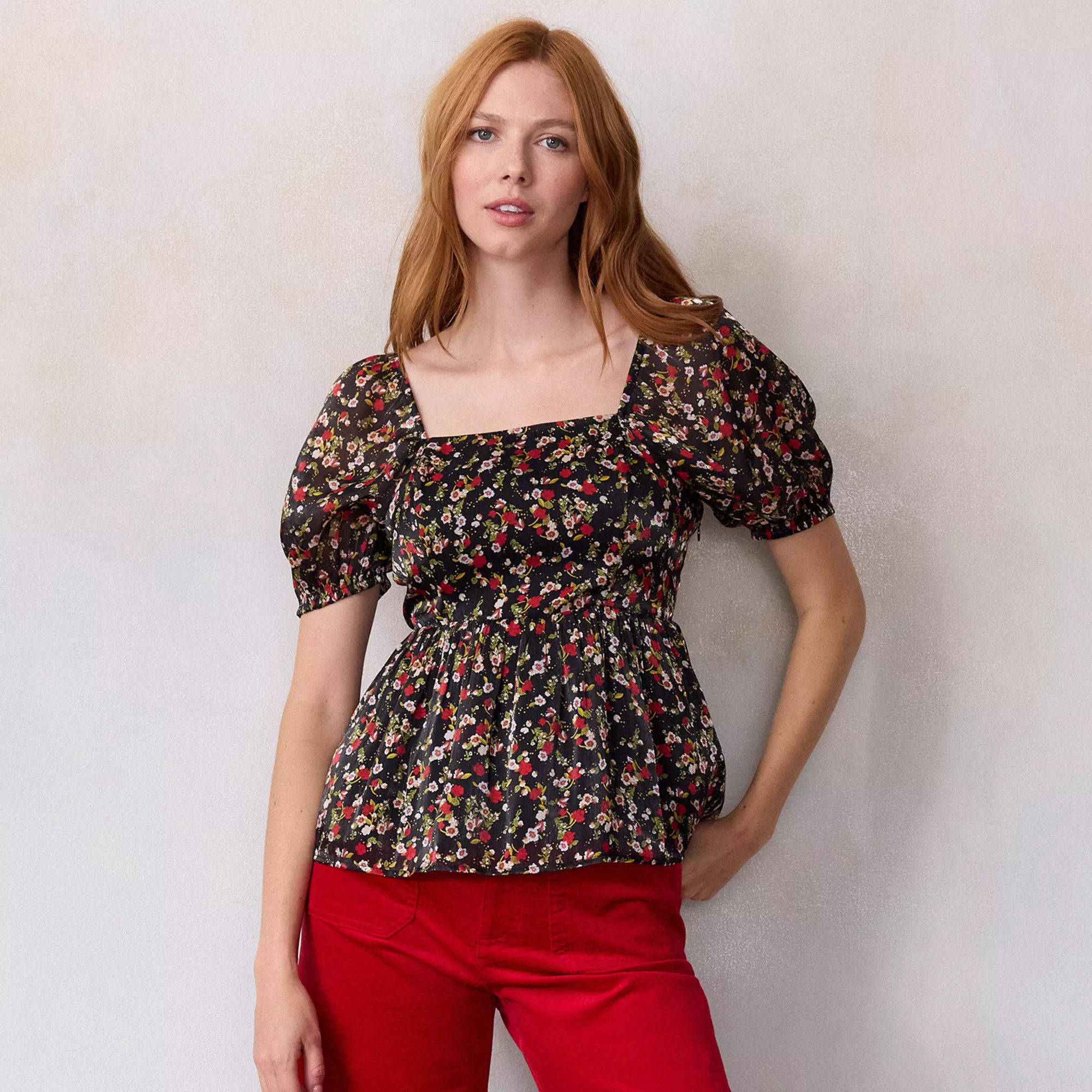 LC Lauren Conrad Puff Sleeve Peplum Top | Kohl's