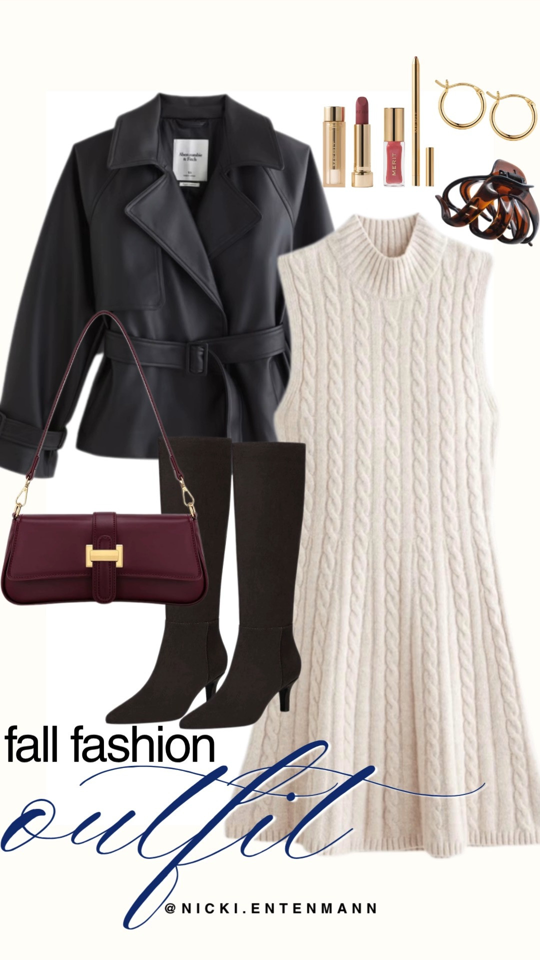 Elevate your autumn styling with this preppy fall fashion edit featuring rich textures and structured layers. A cream sleeveless cable-knit sweater dress layers beneath a belted black leather trench jacket. Dark brown knee-high boots, a deep burgundy shoulder bag with gold hardware, gold hoop earrings, a tortoise claw clip, and Merit beauty essentials complete this sophisticated look.

#fallfashion #falloutfit #streetstyle #outfitinspiration #preppycasual #everydayfashion #chicstyle 

 #LTKgrwm #LTKootd #LTKTravel