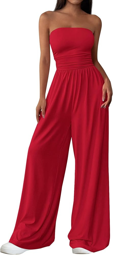 PRETTYGARDEN Womens Trendy Strapless Rompers 2026 Ruched Tube Top Wide Leg One Piece Jumpsuits Be... | Amazon (US)