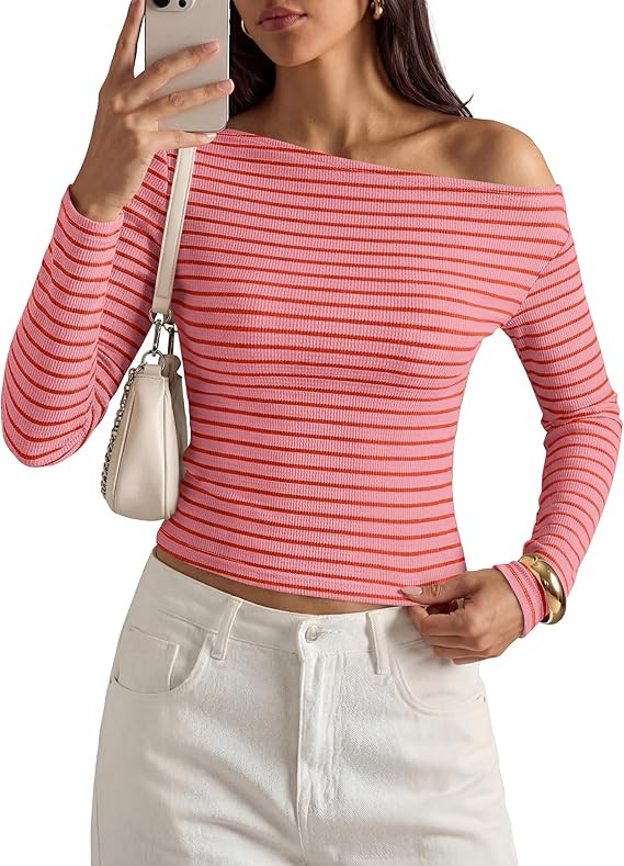 PRETTYGARDEN Womens Tops 2026 Fall Off The Shoulder Long Sleeve Shirts Striped Fitted Y2K T-Shirt... | Amazon (US)