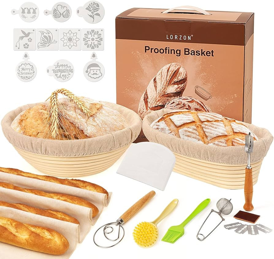 Lorzon Banneton Proofing Basket Set of 2, 10 Inch Round & Oval Cane Bread Proofing Baskets with S... | Amazon (US)
