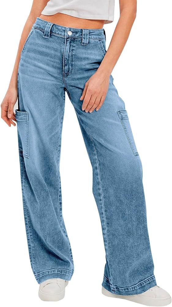 PLNOTME Women's Cargo Jeans Baggy High Waisted Wide Leg Casual Denim Pants with Pockets | Amazon (US)
