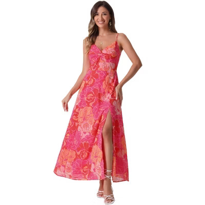 INSPIRE CHIC Women's Floral Print Pleated Back V Neck Split Elegant Maxi Sundresses Hot Pink Small | Target