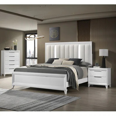 1Pc King Size Panel Bed Upholstered Cushion LED Lights Headboard White Finish Wooden Solid Wood Furniture | Wayfair North America