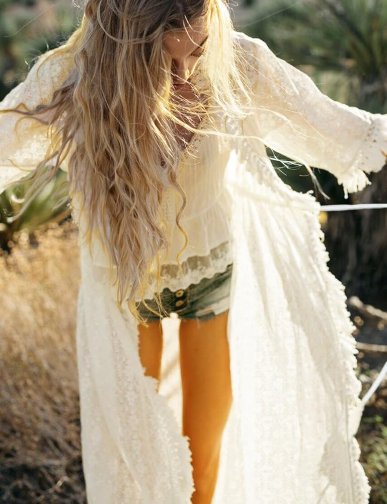 Bsubseach Women White Tassel Fringe Lace Long Kimono Bikini Cover Up Swimwear Beach Blouses Cardigan | Amazon (US)