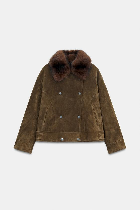 100% LEATHER PADDED JACKET WITH FAUX FUR COLLAR | Zara US