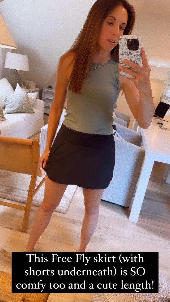 Free fly skirt with shorts underneath- perfect activewear for Summer!! With ribbed high neck Vuori tank top 🤍 I’m wearing a Small in both! 

#LTKVideo #LTKActive #LTKfitness