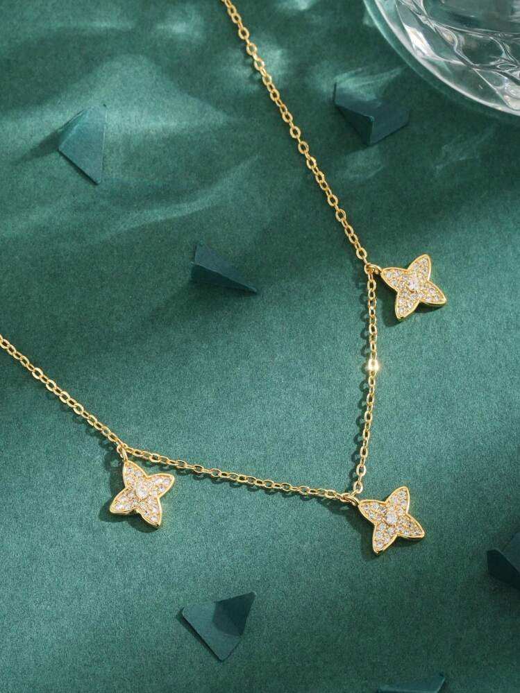 1pc High Quality European & American Style 18K Gold Plated Cubic Zirconia Copper Four-Leaf Clover 3 Stone Luxury Pendant Necklace, Women Gift | SHEIN