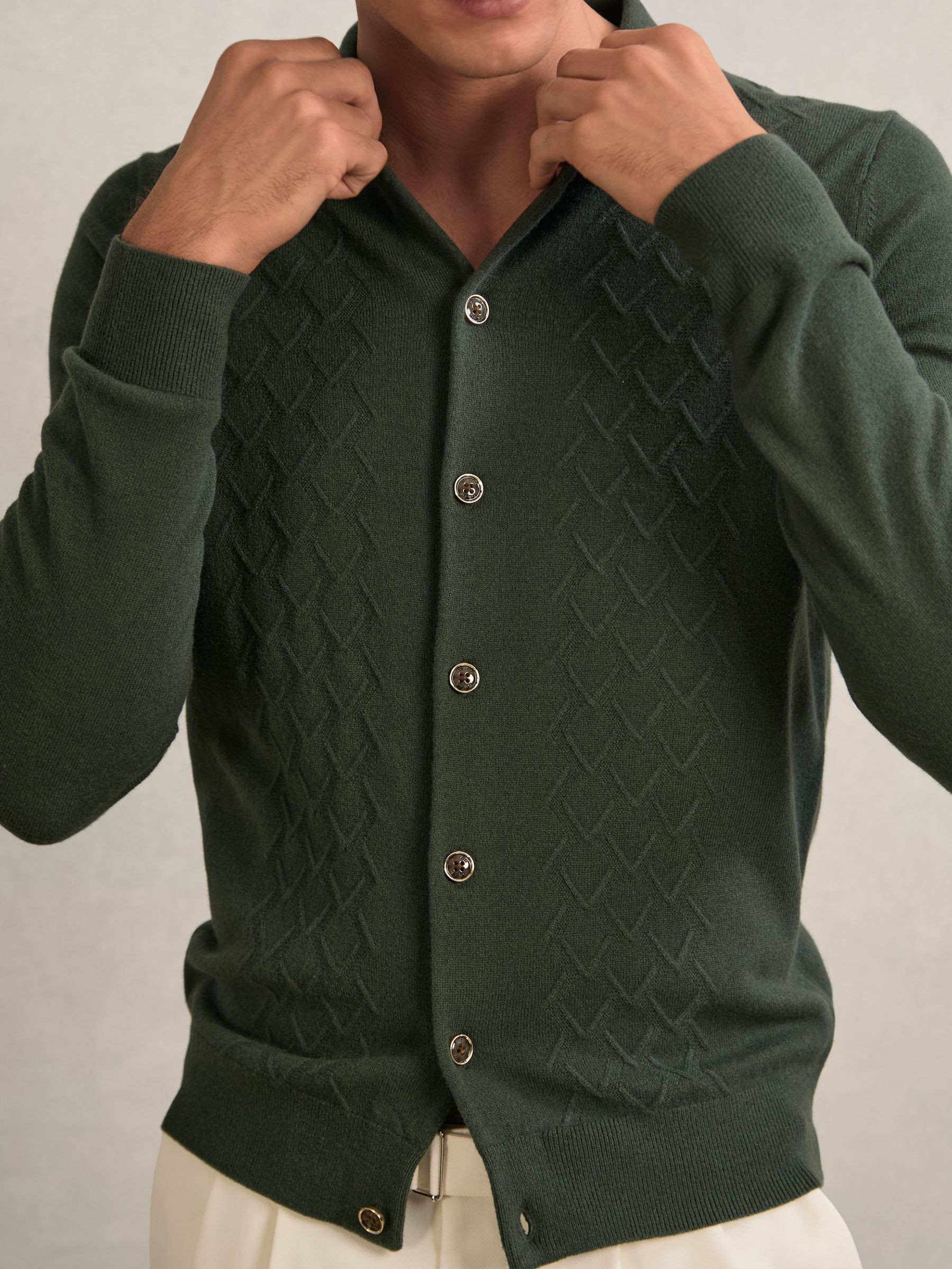 Reiss Wool V-Stitch Button-Through Cardigan in Forest Green | REISS | Reiss US