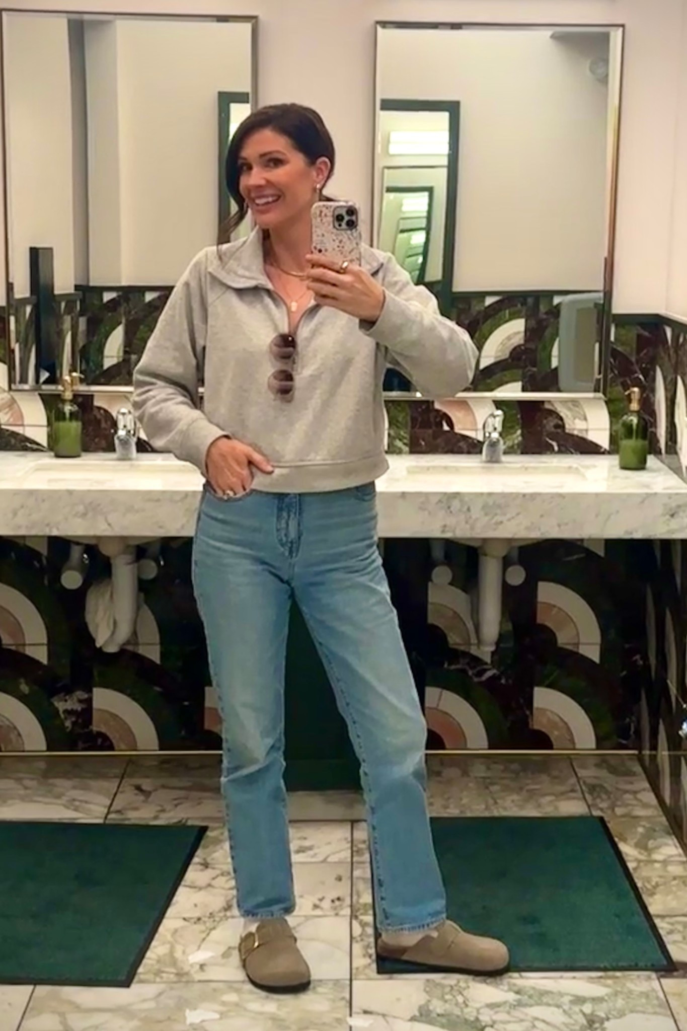 Casual Monday - quick errands turned car shopping and a spontaneous lunch date. 

Wearing a medium in the pullover quarter zip. It has thumb holes which I love! I wear this so often and have multiple colors. 

You can size down one in the jeans for a tighter fit. Mine stretched out (I have on my true size) but I still love them. 

These clogs are comfortable!! TTS. We called around so much and I had no issues. I have the Taupe color in this photo and also have the chocolate brown  

#LTKShoeCrush #LTKSaleAlert #LTKFindsUnder50