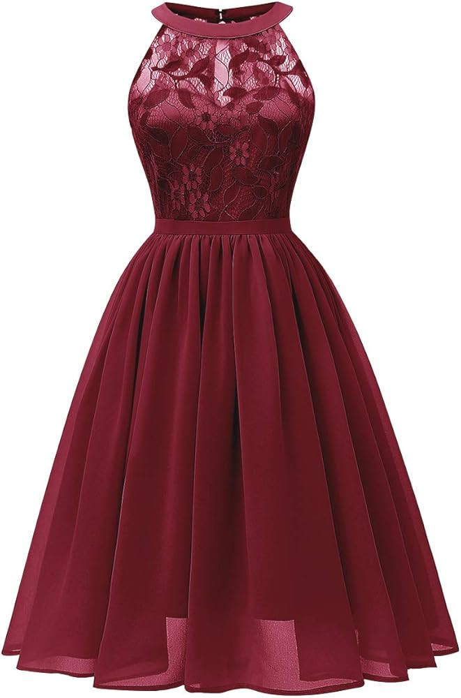 Women Vintage Halter Neck Floral Lace Hi-Lo Backless Bridesmaid Dress A-Line Short Prom Retro Coc... | Amazon (US)