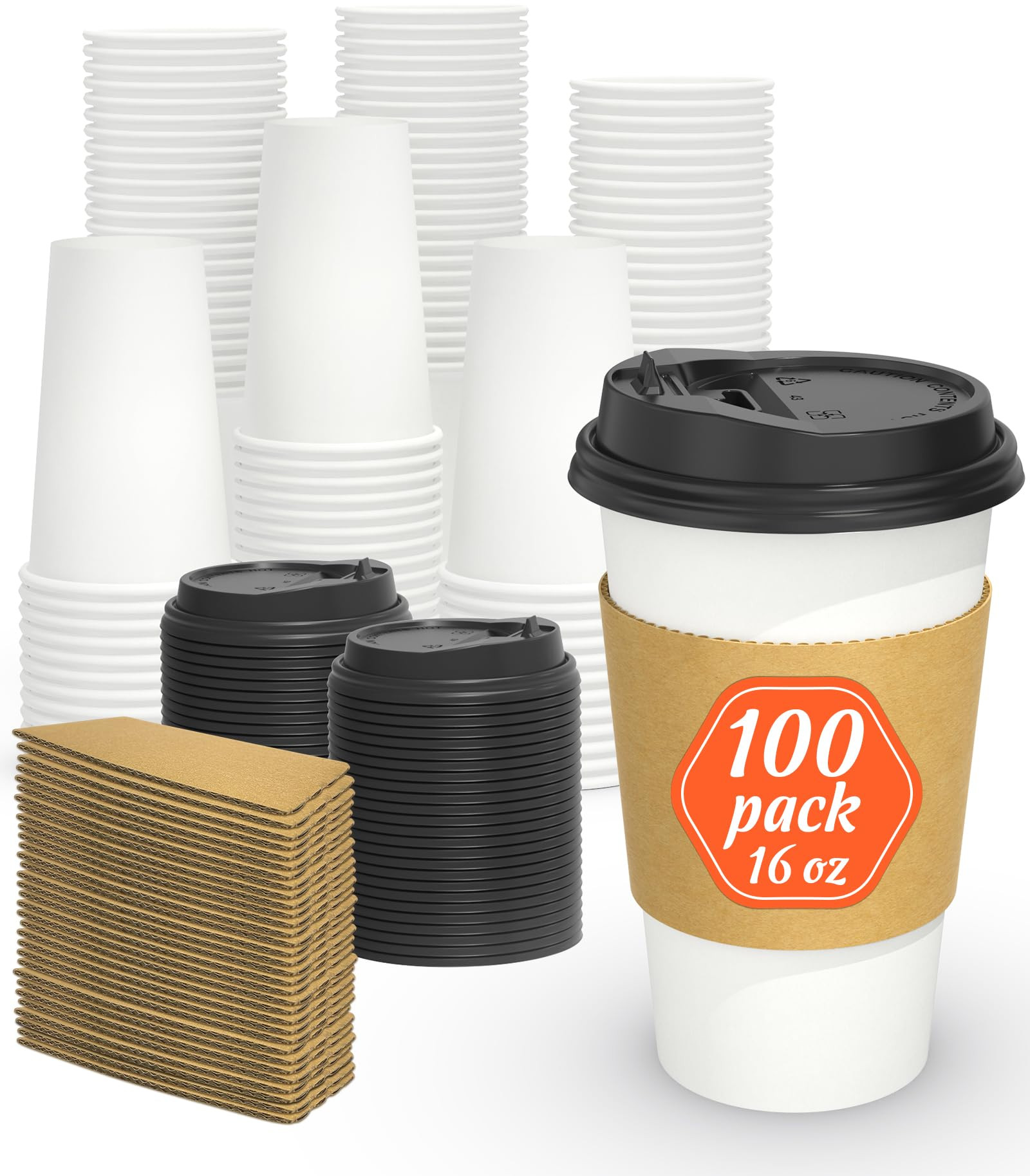 100 Pack 16 oz Disposable Coffee Cups with Lids and Sleeves, Sturdy Thick Paper & Leak-free Insul... | Amazon (US)