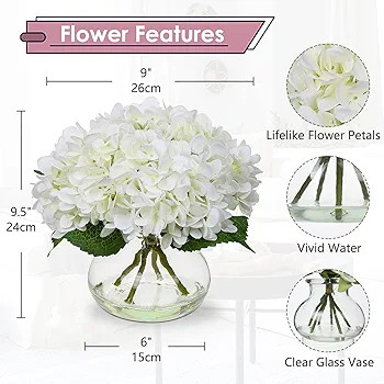 Hollyone Hydrangea Artificial Flowers with Vase White Silk Fake Flowers Arrangements in Glass Vas... | Amazon (US)