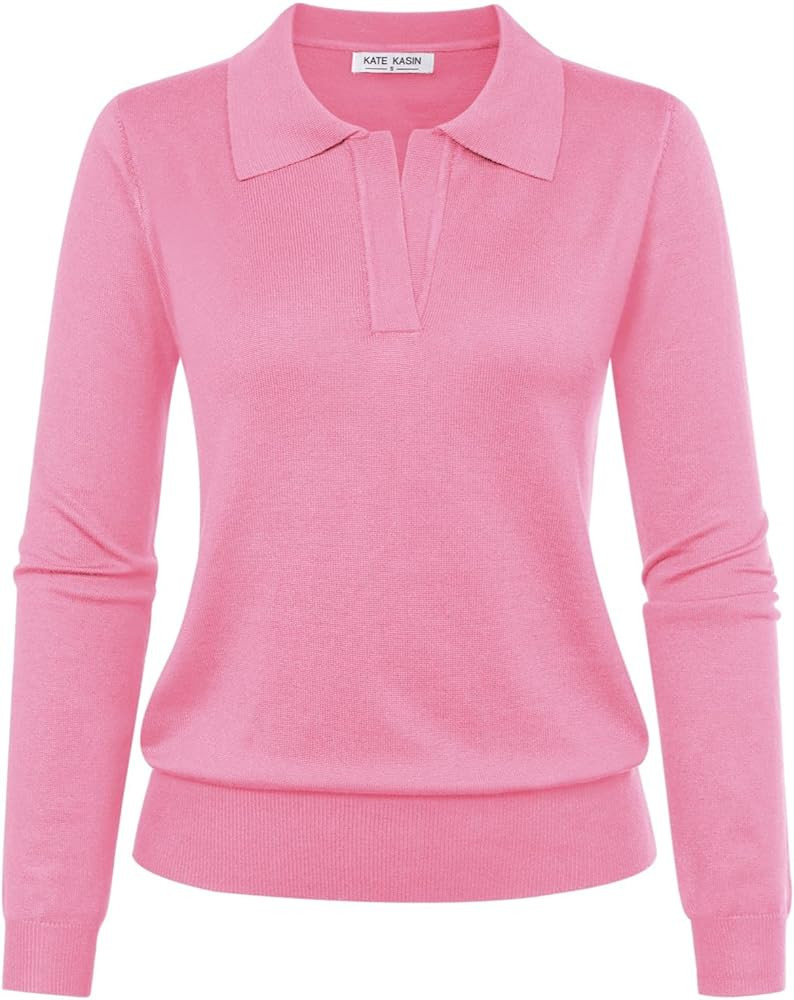 Kate Kasin Women Long Sleeve Polo Sweater V Neck Knitted Tops Casual Ribbed Shirt Loose Pullover ... | Amazon (US)