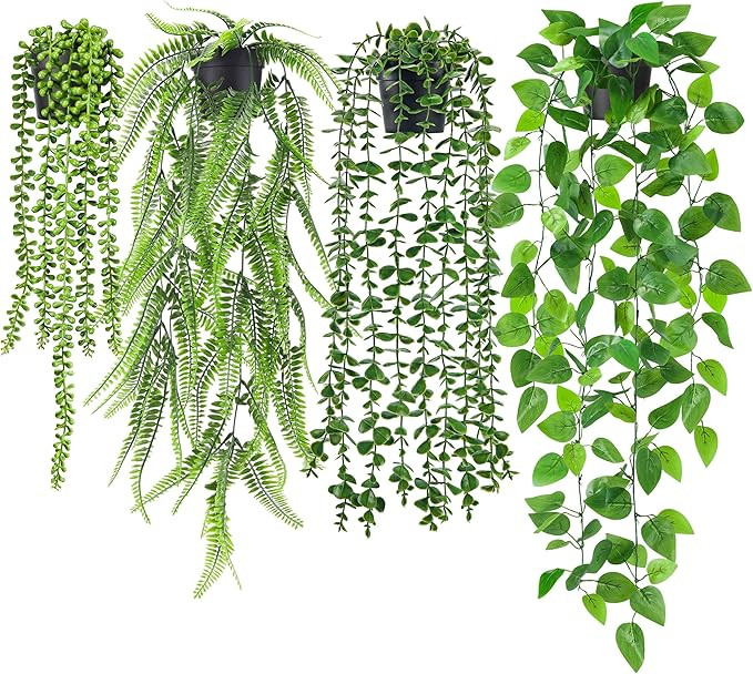 Der Rose 4Pcs Fake Plants Hanging Artificial Ivy Vine Faux Eucalyptus Hanging Plants, Boston Fern... | Amazon (US)